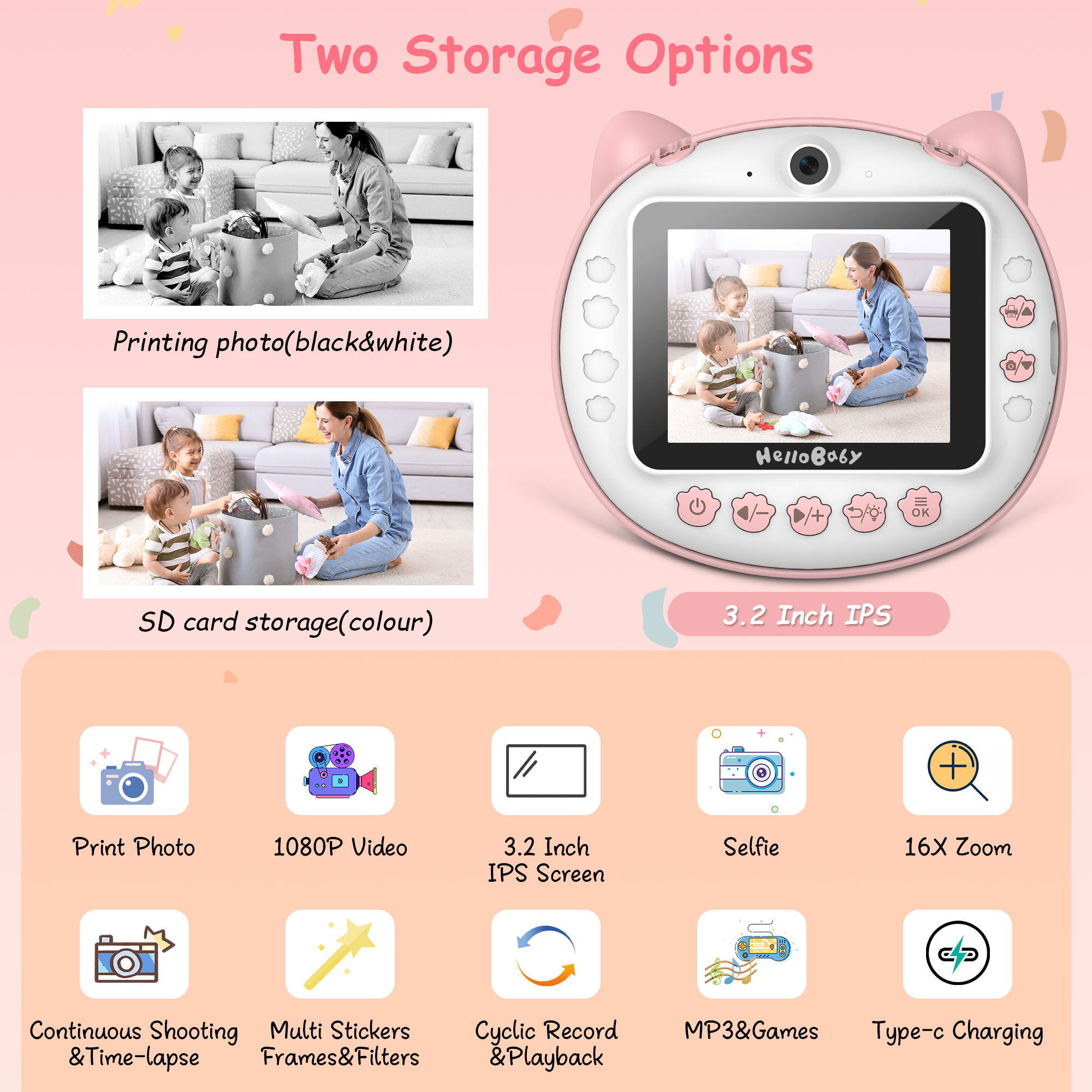 hellobaby-appareil-photo-enfant-impression-instantan-e-rose-12mp image 2