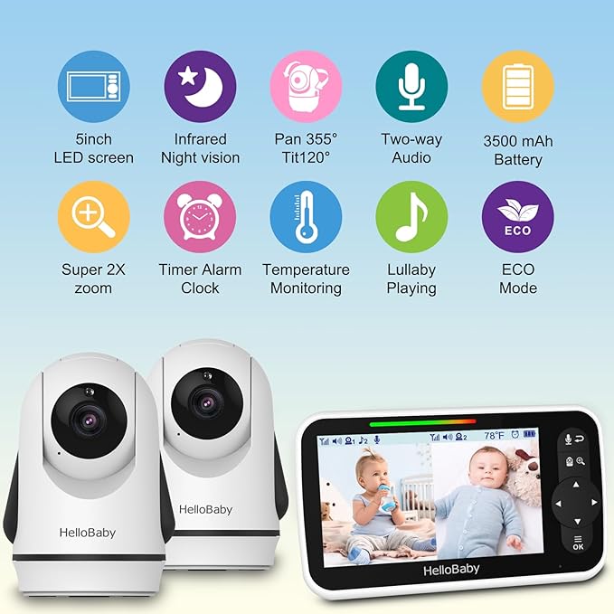 hellobaby-hb6351-2-babyphone-vid-o-2-cam-ras-cran-5-split image 2